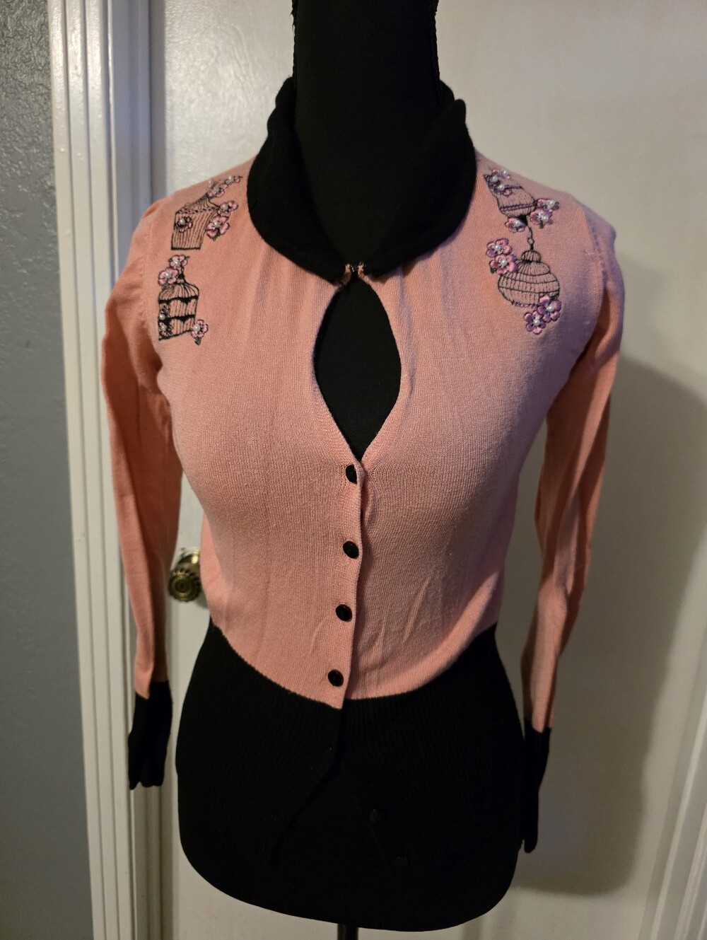 Pink and Black Embroidered Birdcage Women's Sweater Cardigan